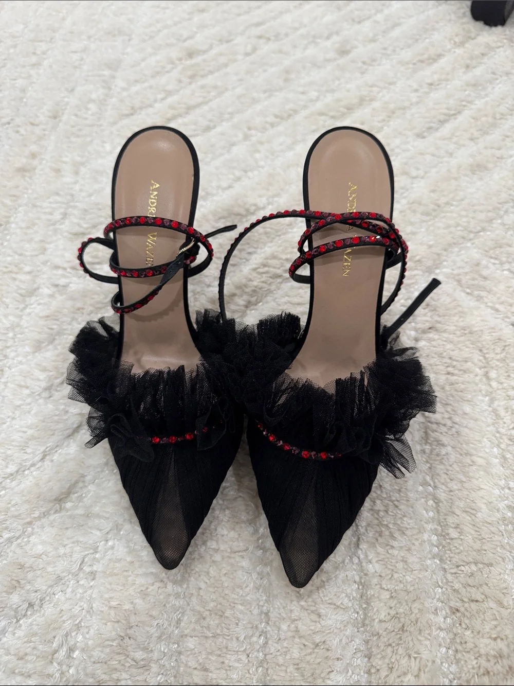Black Tulle Pointed Mules with Red Crystal Straps by Alexandre Vauthier